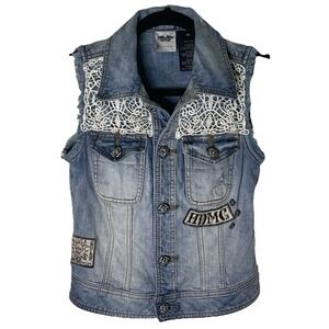 Harley-Davidson Women's XS Distressed Denim Vest Skull Crochet Biker Moto Punk